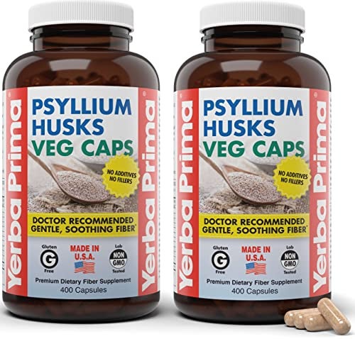 Yerba Prima Psyllium Husks Veg Caps 400 Capsules 625mg Pack of 2 Vegan NonGMO Gluten Free Colon Cleanser Daily Fiber Supplement for Gut Health Regularity